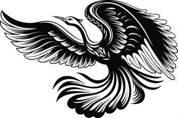 Majestic black phoenix spreads stylized wings, embodying rebirth and resilience in detailed design