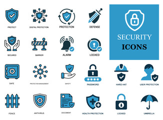 Security and Protection Icon Set  Two Color Vector Symbols for Safety and Defense
