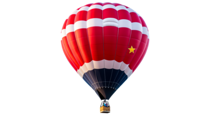 Red and white striped hot air balloon with golden star emblem ascends against bright sky, cut out transparent