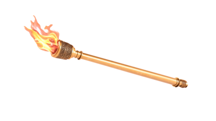 Ornate Gold Torch with Vibrant Orange Flames Isolated on White Background, cut out transparent