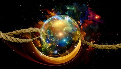 A sphere of cosmos, suspended in space, tethered by rustic ropes, showcasing a vibrant universe within.