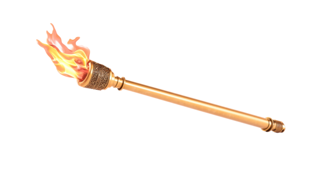 Ornate Gold Torch with Vibrant Orange Flames Isolated on White Background, cut out transparent - Powered by Adobe