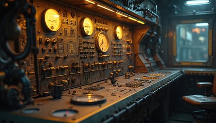 Detailed close-up of vintage control panel with numerous gauges, switches, levers. Industrial machinery with intricate wiring, yellow ambient lighting. Steampunk aesthetic, workshop engineering theme.