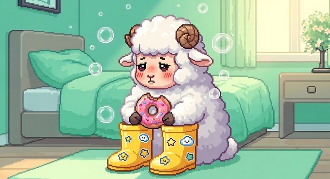 Pixelated daydream a fluffy sheep contemplates a half-eaten donut in cozy scene - Powered by Adobe