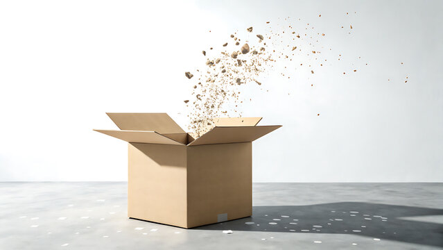 Cardboard box opens with confetti exploding upwards against a bright white background - Powered by Adobe