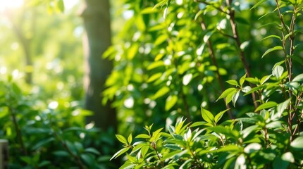 Obraz premium Lush greenery fills the frame highlighting slender branches with bright green leaves in a natural outdoor setting