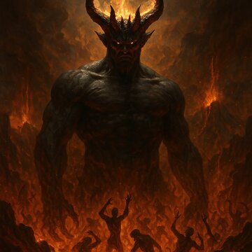 Asmodeus the Demon of Lust in Dark Fiery Abyss with Crown of Flames and Twisted Human Forms