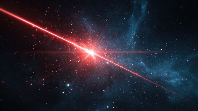 Deep space scene with a red laser beam shooting across a starfield. Use for science fiction, technology, or futuristic concepts and ideas.