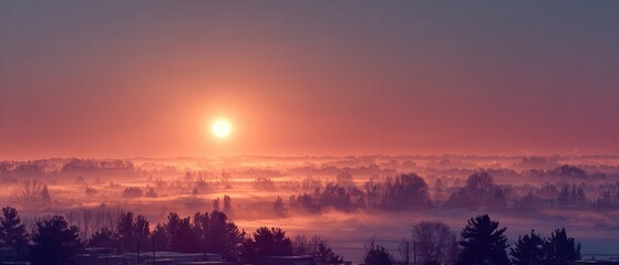 Misty sunrise over a vast, tree-covered landscape