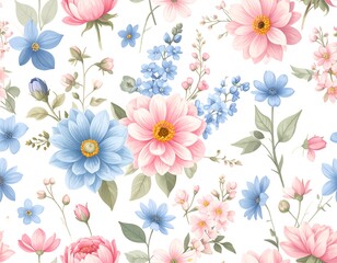 Seamless pattern of pastel pink and blue flowers on white background