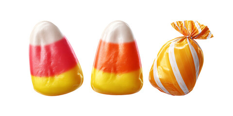 Fototapeta premium Three Candy Corns, one in a Striped Bag, a Classic Halloween Treat for TrickorTreating and Autumn Holiday Celebrations
