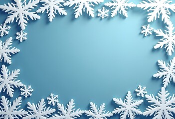 Abstract Christmas blue background with white snowflake borders and copy space in the center. Christmas card and invitation