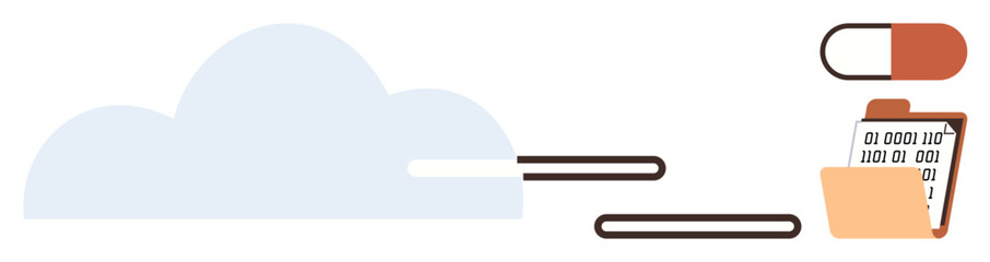 Cloud connecting with folder containing binary code, symbolizing data transfer and storage. Ideal for technology, cloud computing, data security, digital backup, file sharing, cybersecurity