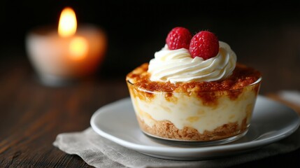 Festival of lights, A delectable dessert in a glass, layered with creamy filling, topped with whipped cream and raspberries, set against a warm candlelight ambiance.
