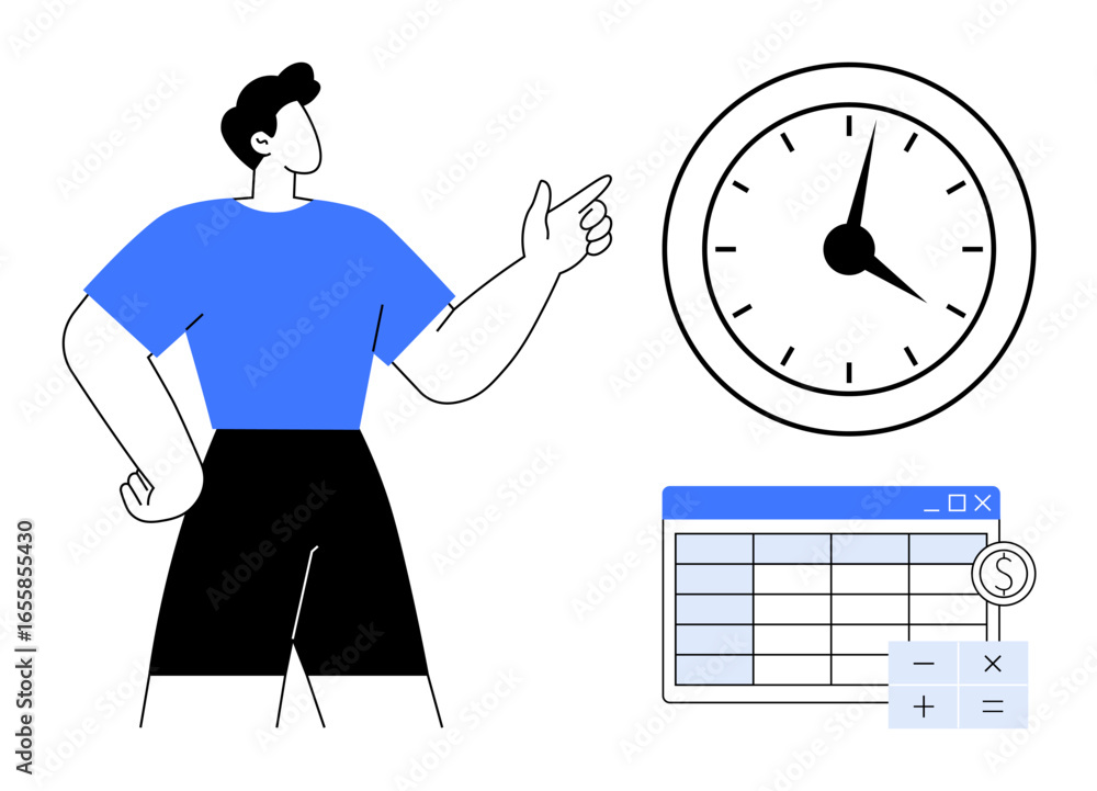 Poster person gestures to clock symbolizing time awareness. includes spreadsheet and calculator for financi
