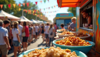 Food truck line at summer festival, crowds queueing for delicious street food. Busy outdoor market with people enjoying tasty snacks, burgers, tacos, pizza. Fast, convenient catering for fun