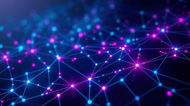 Network of interconnected nodes with blue lines  purpleblue points on a dark background