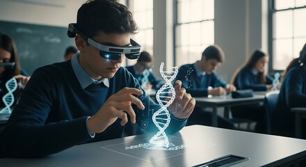 Student Engaged in Virtual DNA Study with AR Glasses in Classroom Environment