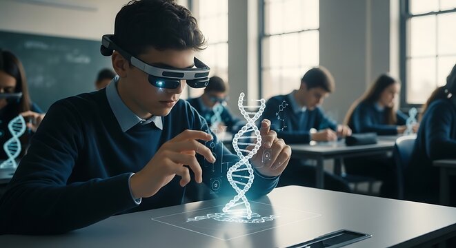 Student Engaged in Virtual DNA Study with AR Glasses in Classroom Environment