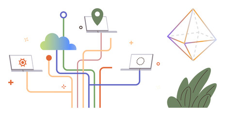 Laptops connected through cloud technology with colorful lines, data flow, geometric shape, and greenery. Ideal for collaboration, connectivity, innovation, technology, data sharing remote work