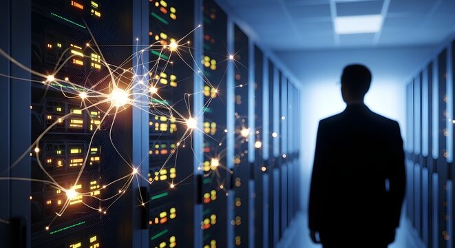 Silhouette of a system administrator walking through a high-tech data center hallway with server racks illuminated by an abstract glowing neural network