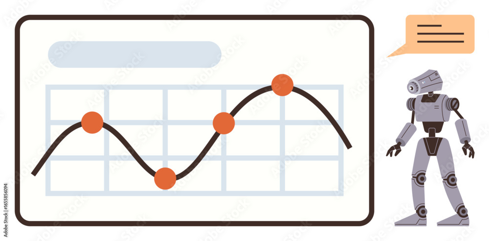 Poster robot standing near a line graph with data points, analyzing trends while a speech bubble implies in