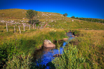 Stream on the Aubrac River in central France.
Small watercourse winding through arid plains and passing under an old stone bridge in the valleys of Occitania.
