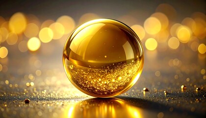 Obraz premium Golden Sphere on Glittering Surface with Bokeh Background
