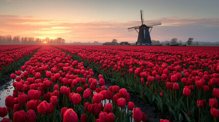 Scenic landscape with a field of red tulips and a traditional windmill at sunset, evoking a serene and picturesque countryside.