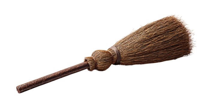Rustic Witchs Broom Isolated on Black Background for Halloween Decoration and Magical Spell Casting