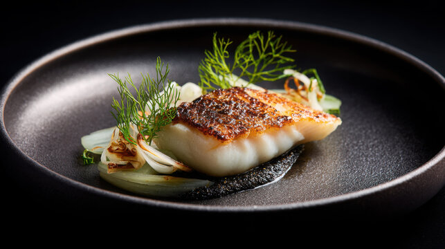Sea bass with black garlic and fennel ribbons, presented minimally with rich tones and sharp detail on a soft plain backdrop.