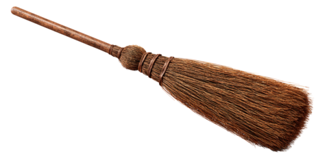 Rustic broom with natural bristles on black background Traditional cleaning tool for sweeping and cleaning Concept of household, cleaning and witchcraft
