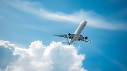 Obraz premium Commercial airliner ascends through a cloudy blue sky, viewed from the wingtip with visible vapor trails.