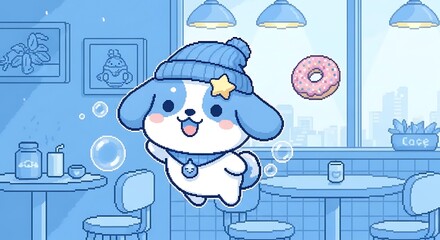 Pixelated puppy character floats amongst bubbles inside whimsical cafe setting illustration