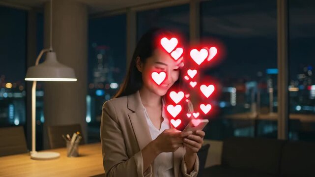 Woman texting on smartphone with animated hearts in modern office at night, smiling and happy during romantic chat or online dating in city workspace with digital interaction and affection