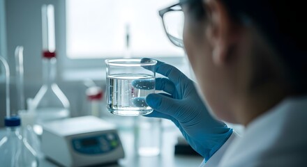 Fototapeta premium Scientist Examining a Clear Liquid in a Beaker in a Laboratory Setting