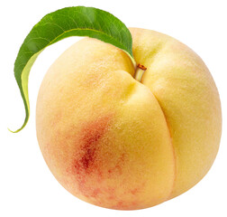 Golden Japanese peach premium fruit with leaf isolated on white background PNG file.
