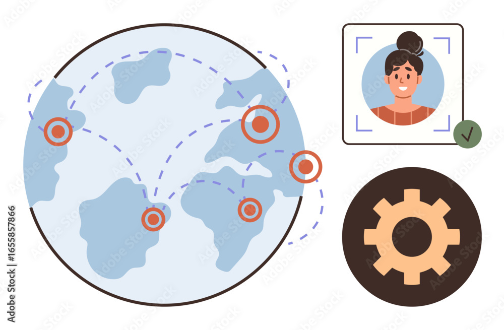 Poster globe with connection points, user profile photo with verification check, and settings gear. ideal f