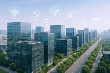 Smart Cityscape with Technology Overlay: Modern Buildings, Connectivity, and Green Infrastructure for Sustainable Urban Living