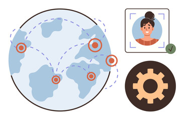 Globe with connection points, user profile photo with verification check, and settings gear. Ideal for technology, networking, social media, global reach, identity verification, configuration
