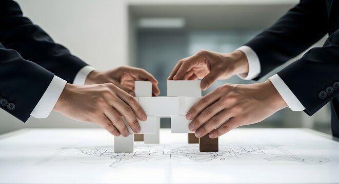 Teamwork and collaboration in business, building a structure with interlocking blocks, symbolizing synergy and strategic planning for success.