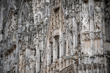 Impressive front face of Cathédrale Notre-Dame de Rouen - Intricate stonework and carvings on The...