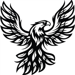 Obraz premium Stylized black eagle soars dynamically with outstretched wings and detailed feathers