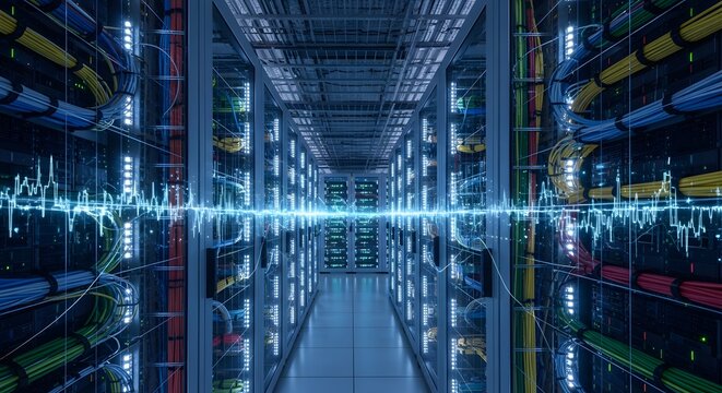 A futuristic data center with illuminated server racks and extensive cabling, representing advanced technology and digital infrastructure.