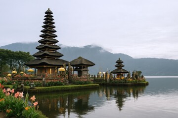 Naklejka premium Serene Temple Complex Reflected in Water, Against Mountain Backdrop, Beautiful Scenery