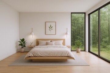 Minimalist Bedroom Interior with Forest View: Serene Modern Design for Relaxation and Comfort