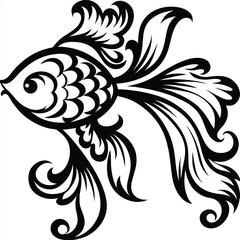Ornate black silhouette of a fancy goldfish swims gracefully, showcasing flowing fins and detailed scales