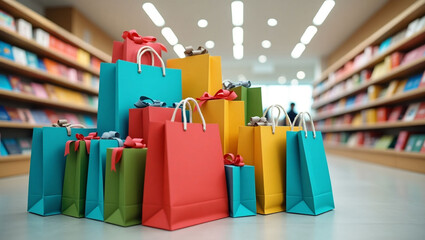 A large, colorful display of shopping bags and gift boxes is stacked in a neat arrangement in the middle of a brightly lit store or retail space, representing shopping, retail, and sales