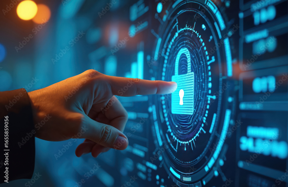 Poster user finger interacts with digital interface showing padlock symbol. futuristic technology display w