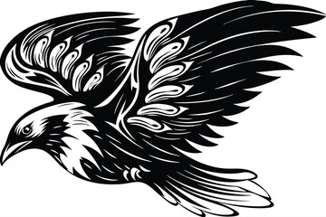 Stylized majestic raven soars with its decorative, detailed wings in black and white
